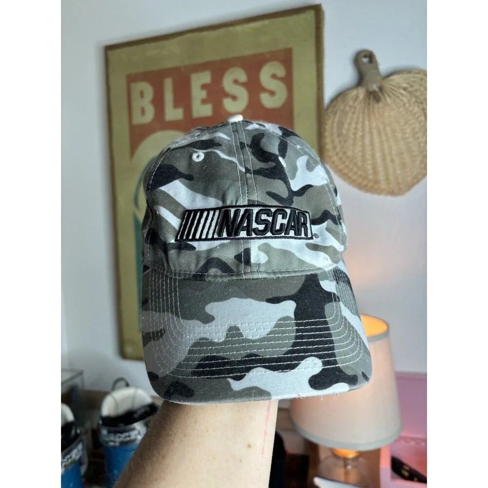 Nascar Camouflage Hat Strap Back White Gray Snow Camo Baseball Cap